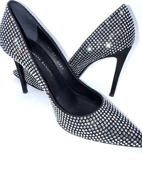 Giuseppe Zanotti 37 Swarovski Crystal on Black Satin 4 inch stiletto heel